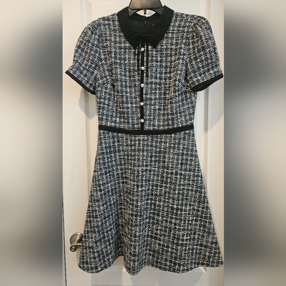 Elegant Black, Teal, and White Tweed Dress